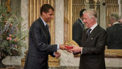 Cette rare apparition de Stromae, en costume-cravate, pour recevoir sa décoration des mains du Roi des Belges