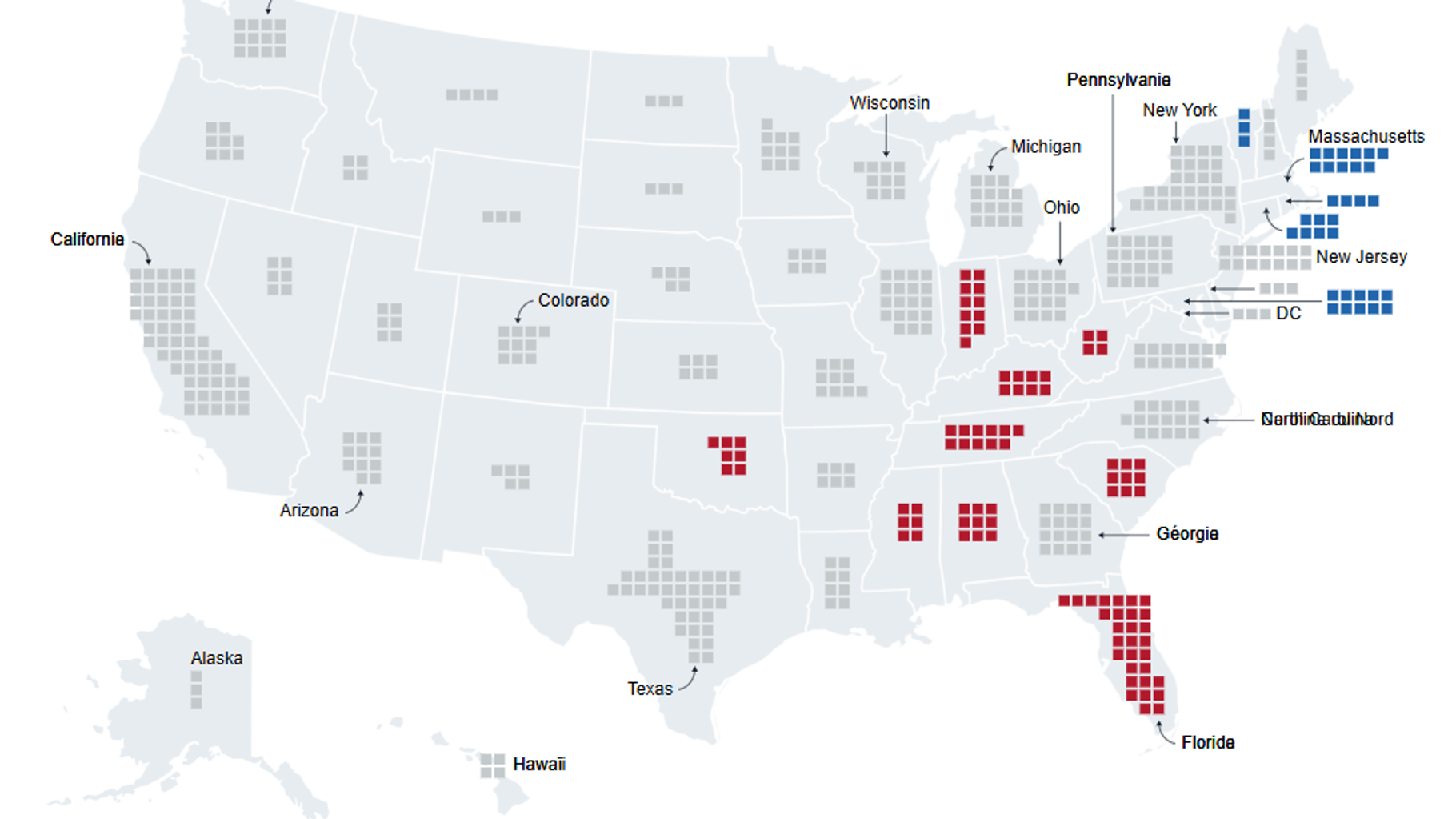 la carte des premiers résultats de l’élection américaine entre Harris et Trump